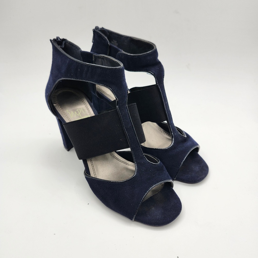Impo Tressie Navy Blue Faux Suede Block Heel Caged Sandals 7.5M 5905393